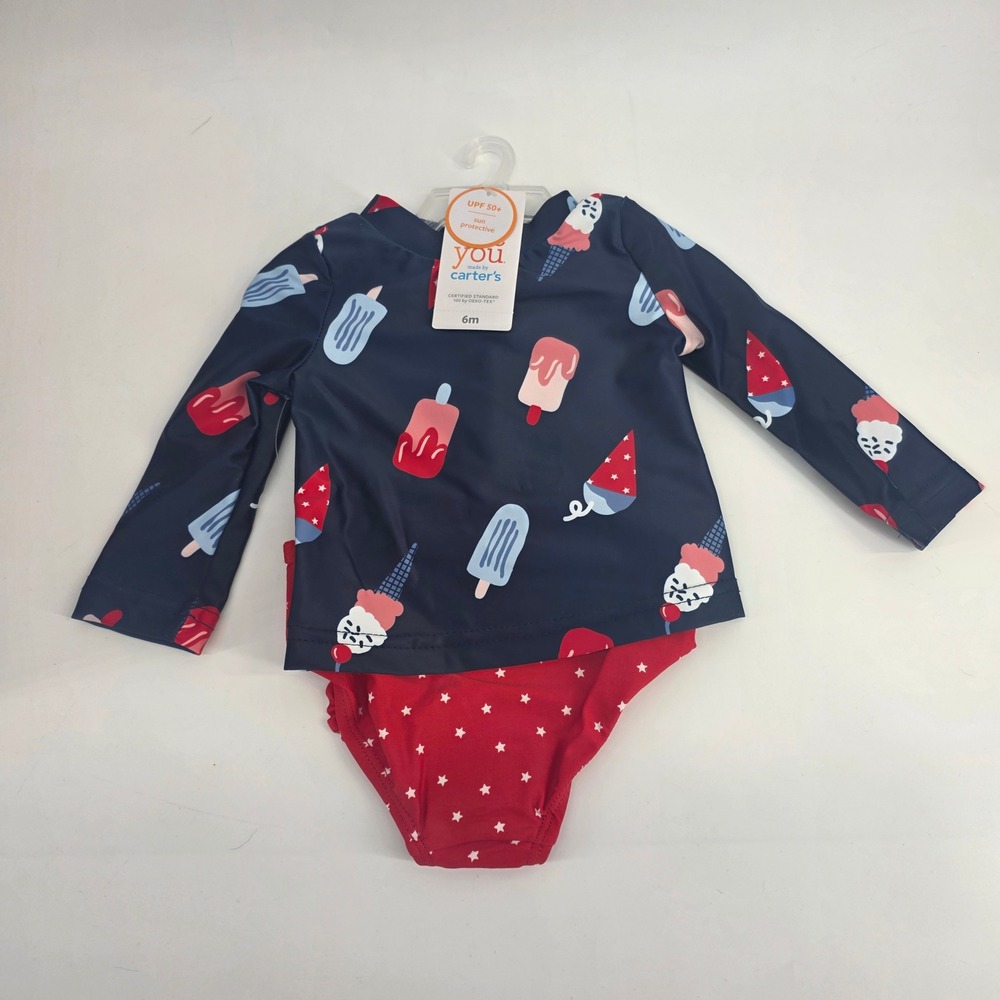 Carters Baby Girls 6M Navy‎ Ice Cream Rash Guard Swimsuit Set UPF 50+